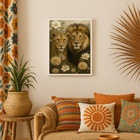 Quadro Arte Leão E Leoa Com Flores 33x24cm Moldura Preta