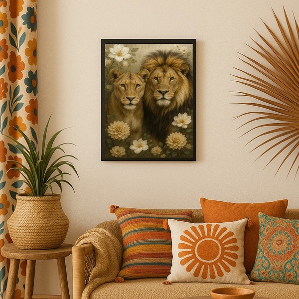 Quadro Arte Leão E Leoa Com Flores 45x34cm Moldura Branca