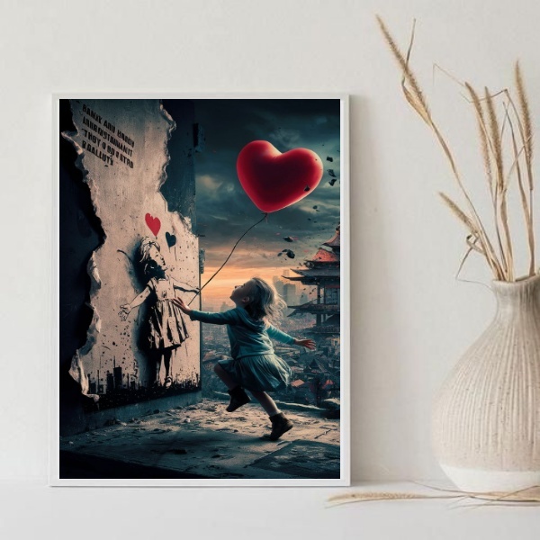 Quadro Arte Menina Balão Coração 24x18cm Moldura Preta