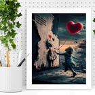 Quadro Arte Menina Balão Coração 33x24cm - Com Vidro Moldura