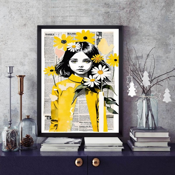 Quadro Arte Menina Margaridas 45x34cm Moldura Preta