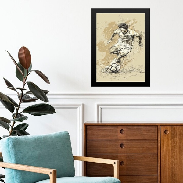 Quadro Arte Minimalista Jogador De Futebol 45x34cm - Com Vidr