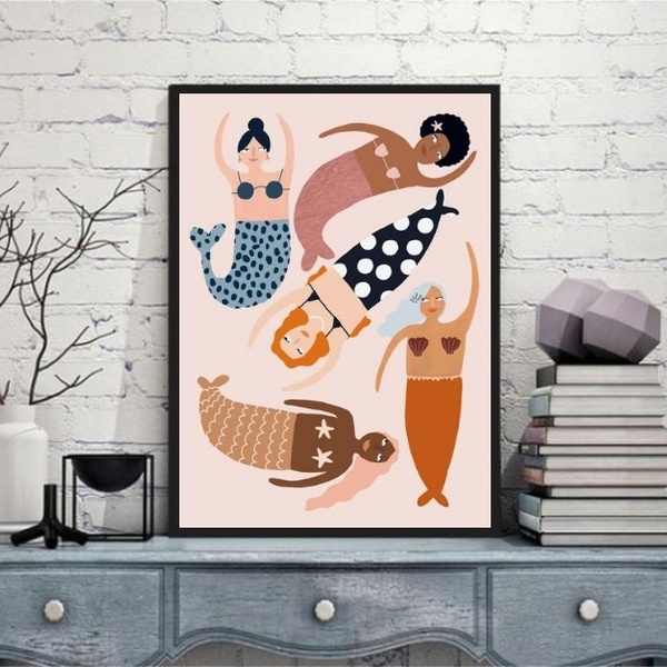 Quadro Arte Mulheres Sereias 45x34cm Moldura Preta