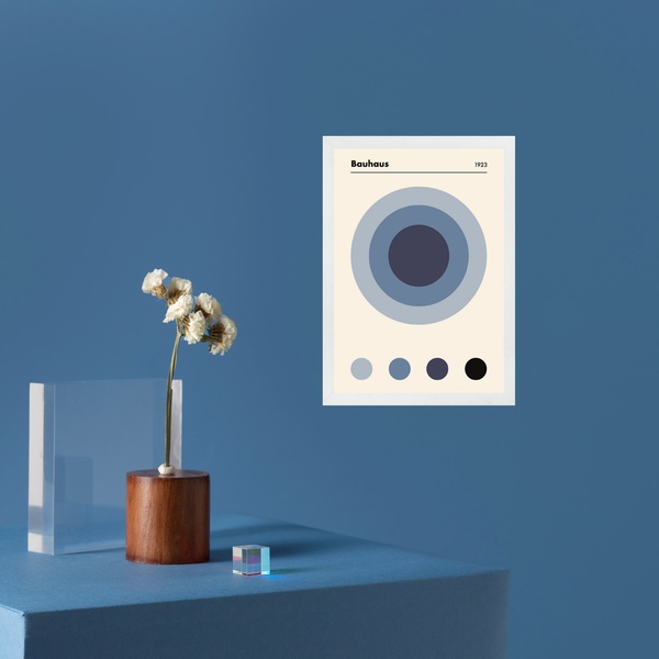 Quadro Arte Olho Bauhaus Tons De Azul 45x34cm Moldura Branca