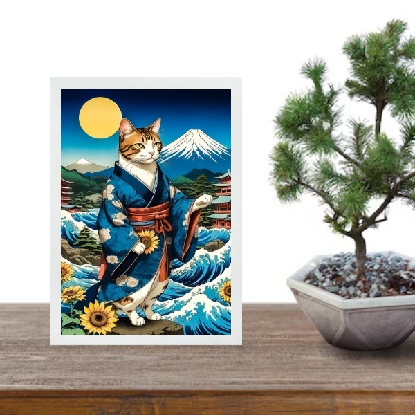 Quadro Arte Oriental - Gato Com Girassóis 45x34cm - Com Vidro