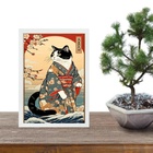 Quadro Arte Oriental Gato Com Paisagem 24x18cm Moldura Branca
