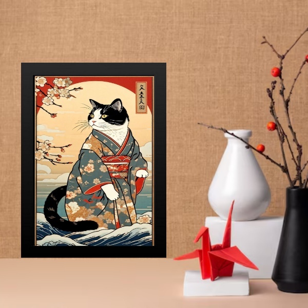 Quadro Arte Oriental Gato Com Paisagem 45x34cm Moldura Preta