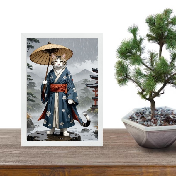 Quadro Arte Oriental Gato Samurai 33x24cm - Com Vidro Moldura