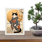 Quadro Arte Oriental Paisagem Com Gato 33x24cm Moldura Preta