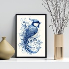 Quadro Arte Pássaro Floral Azul 24x18cm - Com Vidro Moldura P