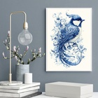 Quadro Arte Pássaro Floral Azul 45x34cm - Com Vidro Moldura B