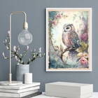 Quadro Arte Vintage Coruja 24x18cm - Com Vidro Moldura Branca