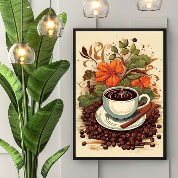 Quadro Arte Xícara De Café Com Flores 33x24cm Moldura Branca