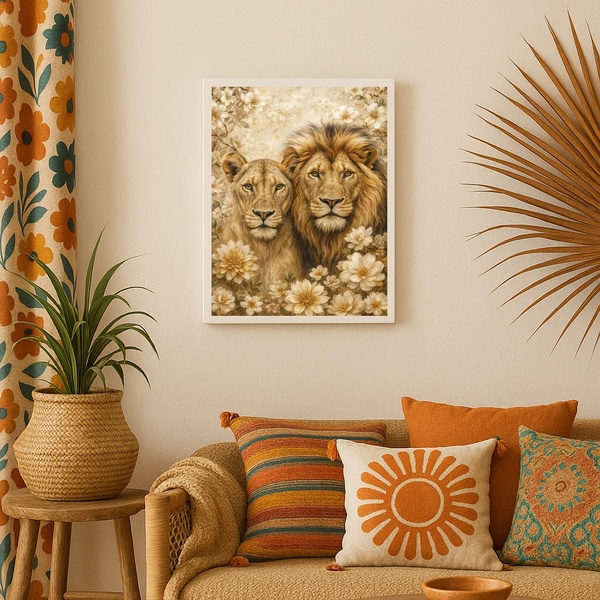 Quadro Artístico Leão E Leoa Com Flores 33x24cm Moldura Preta