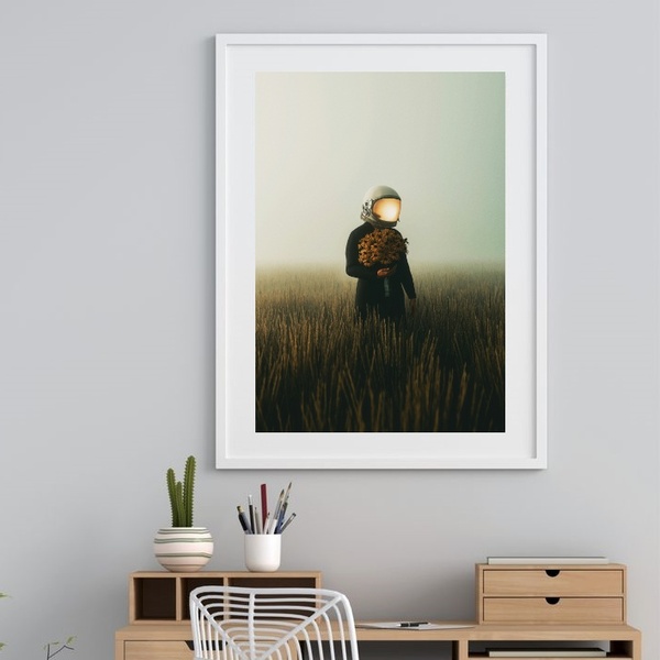 Quadro Astronauta Com Flores - 60x48cm Moldura:madeira Preta