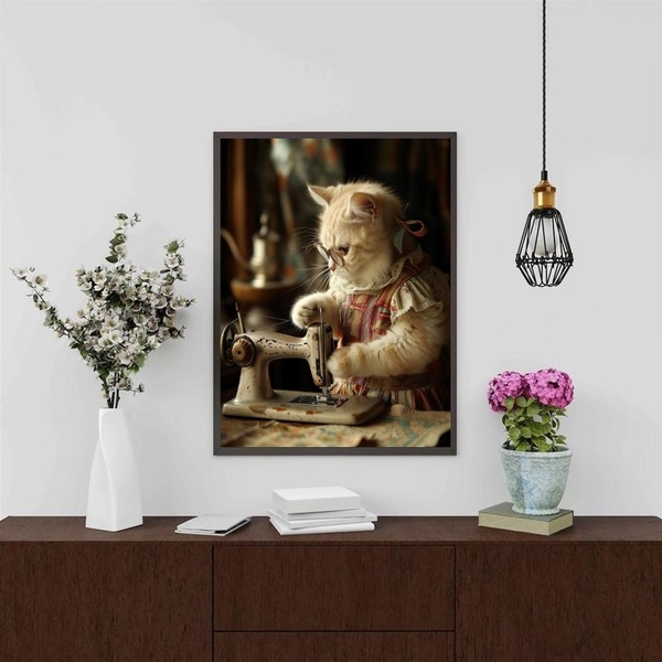 Quadro Atelier De Costura Vintage - Gatinha 33x24cm - Com Vid