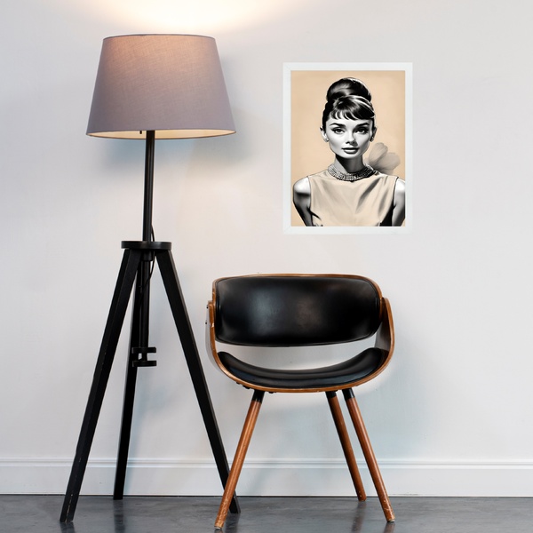 Quadro Audrey Hepburn - Bege 45x34cm Moldura Branca
