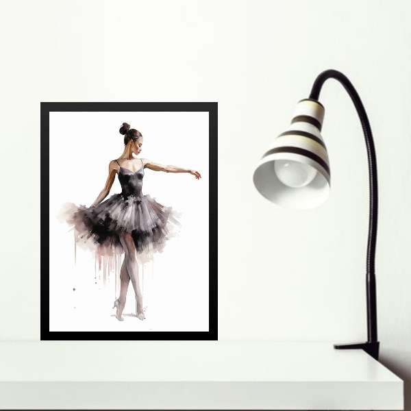 Quadro Bailarina Preta- Aquarela 33x24cm Moldura Preta