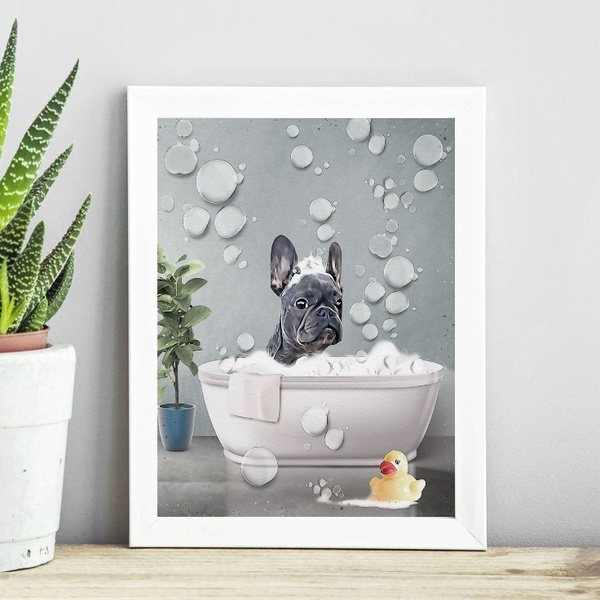 Quadro Banheiro Bulldog Francês Aquarela 24x18cm Moldura:made