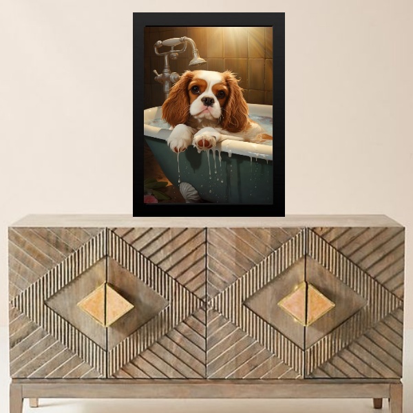 Quadro Banheiro Cão Charles Spaniel 45x34cm - Com Vidro Moldu