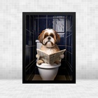 Quadro Banheiro Cão Shiatsu Lendo Jornal 24x18cm Moldura Bran