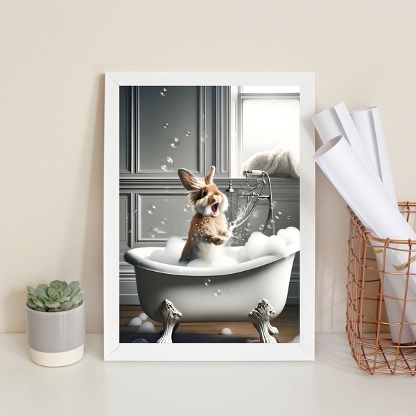 Quadro Banheiro Coelhinho Tomando Banho 33x24cm Moldura Preta