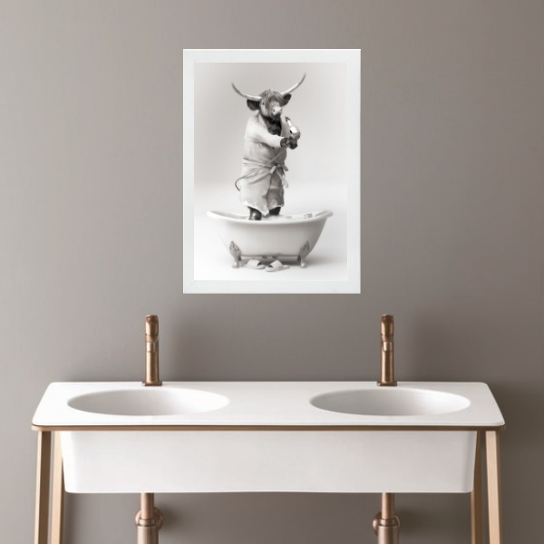 Quadro Banheiro Coleção Animais - Boi 24x18cm Moldura:madeira