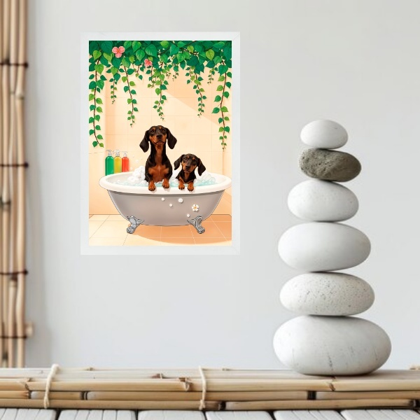 Quadro Banheiro Dachshunds Na Banheira 45x34cm - Com Vidro Mo