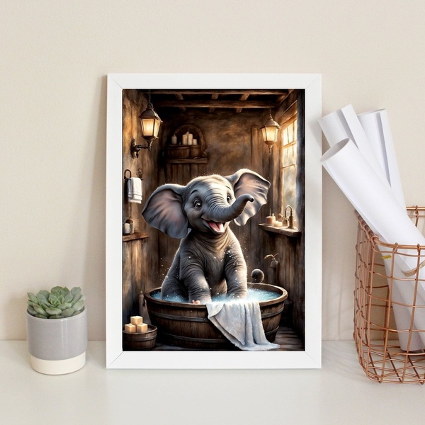 Quadro Banheiro Elefantinho Tomando Banho 33x24cm Moldura Bra