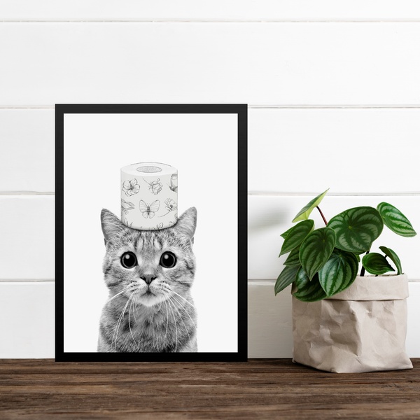 Quadro Banheiro Gatinho Papel Higiênico 45x34cm - Com Vidro M
