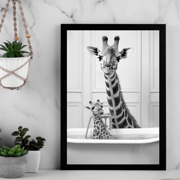 Quadro Banheiro - Girafa Com Filhote 45x34cm - Com Vidro Mold