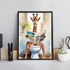 Quadro Banheiro Girafa Lendo Jornal- Aquarela 45x34cm Moldura