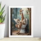 Quadro Banheiro Girafa Lendo Jornal No Vaso 45x34cm - Com Vid