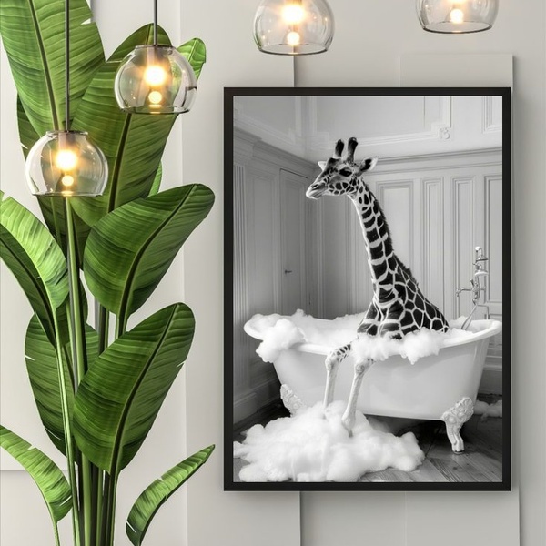 Quadro Banheiro Girafa No Banho 45x34cm Moldura Branca