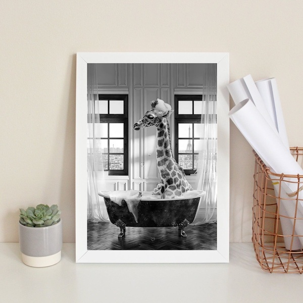 Quadro Banheiro Girafa Tomando Banho 33x24cm - Com Vidro Mold