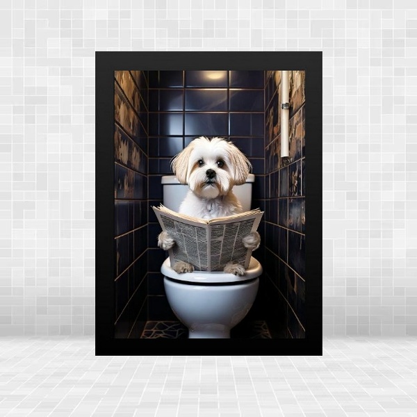 Quadro Banheiro Maltês No Vaso Lendo Jornal 24x18cm Moldura P