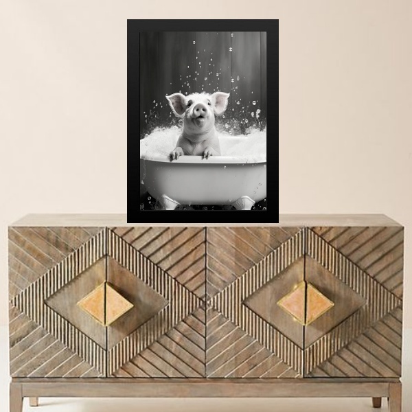 Quadro Banheiro Porquinho No Banho 24x18cm Moldura Branca