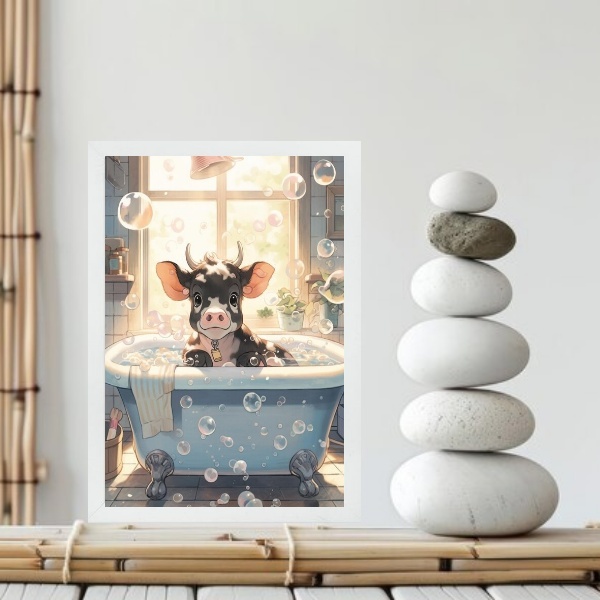 Quadro Banheiro Vaquinha Bolhas Sabão 45x34cm Moldura Branca