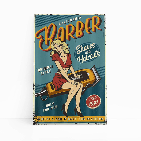 Quadro Barbearia Barber Máquina Mulher Retro Canvas 100x70cm