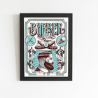 Quadro Barbearia Barber Retro Azul Moldura Preta 60x40cm