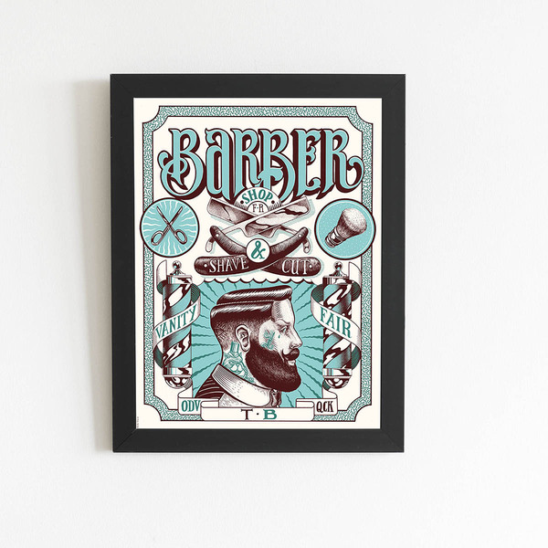 Quadro Barbearia Barber Retro Azul Moldura Preta 60x40cm