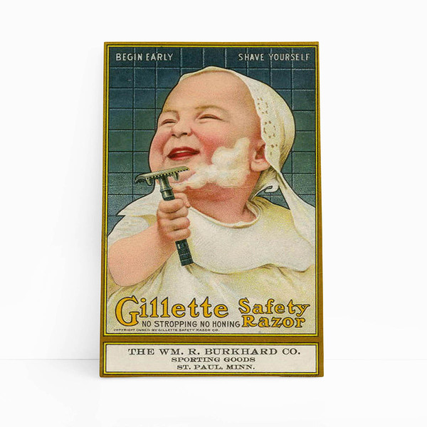 Quadro Barbearia Gillette Bebê Retro Vintage Canvas 60x40cm