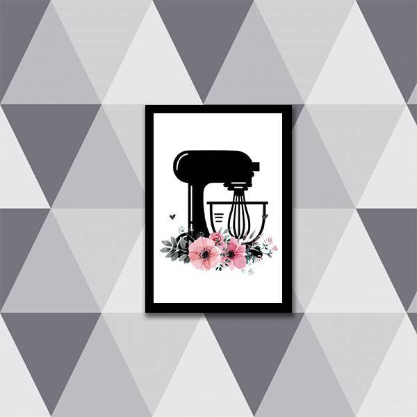 Quadro Batedeira Com Flores 45x34cm - Com Vidro Moldura:madei