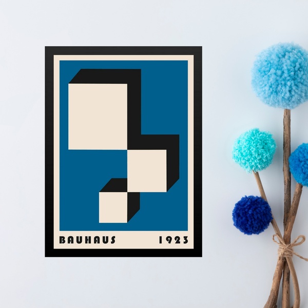 Quadro Bauhaus Blue Vintage Poster - Cubos 33x24cm Moldura Pr