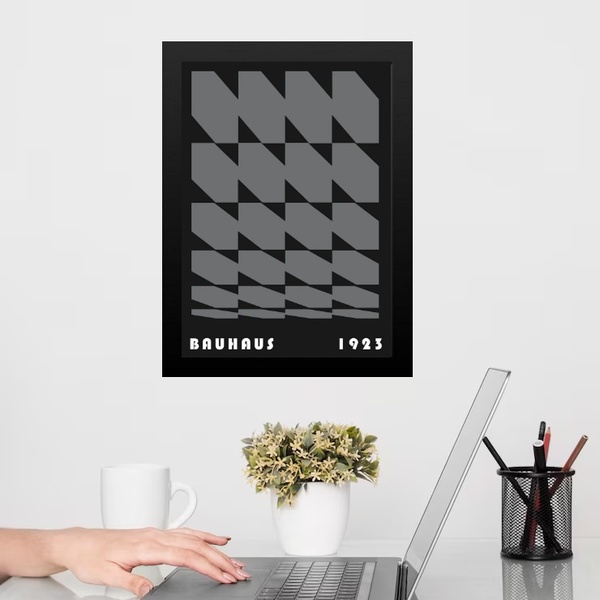 Quadro Bauhaus Cinza E Preto - Rolled Hexagons 33x24cm Moldur