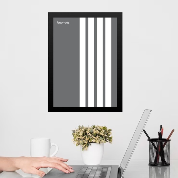 Quadro Bauhaus Cinza - Linhas Paralelas 33x24cm Moldura Branca