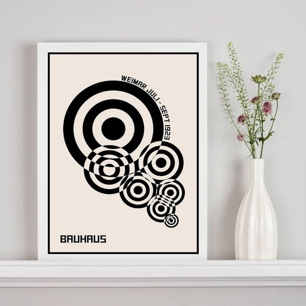 Quadro Bauhaus Círculos Bege E Preto 24x18cm - Com Vidro Mold