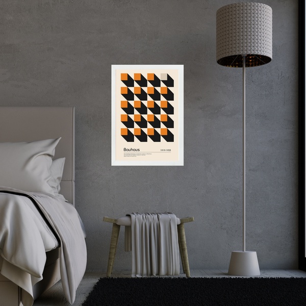 Quadro Bauhaus Laranja - Cubos 24x18cm - Com Vidro Moldura Pr