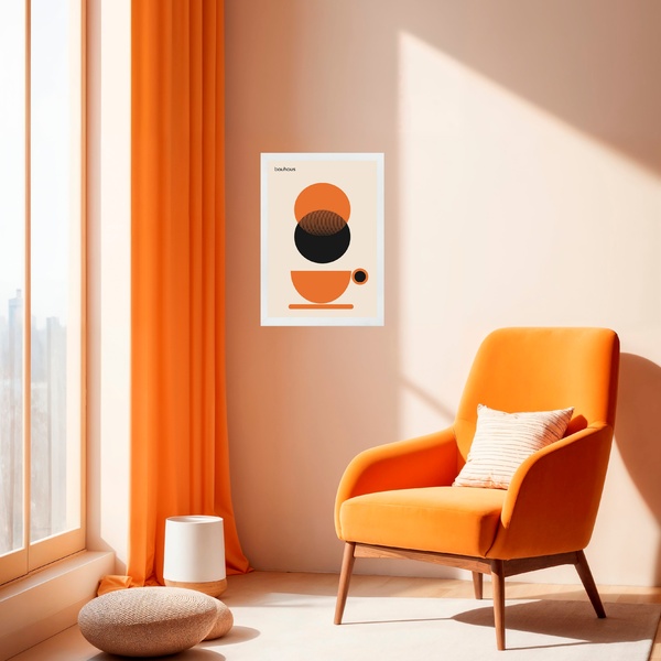 Quadro Bauhaus Laranja E Preto - Xícara Café 33x24cm - Com Vi