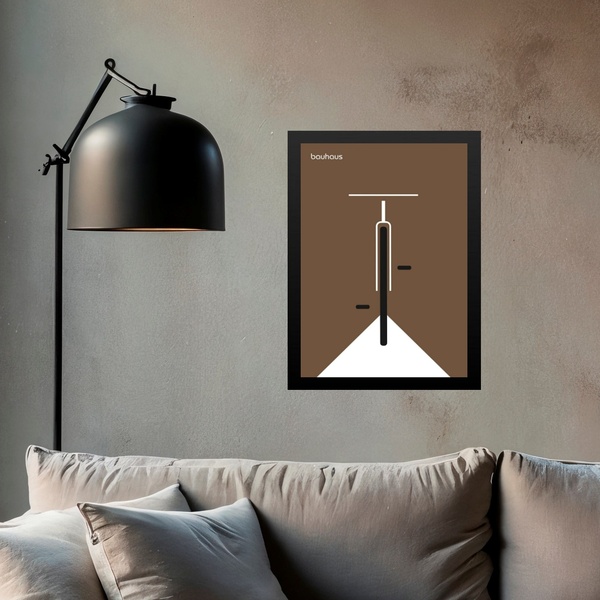 Quadro Bauhaus Marrom - Bicicleta 33x24cm - Com Vidro Moldura